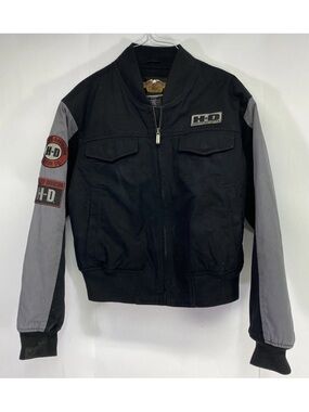 Harley-Davidson Womens Black and Gray Canvas Logo Flight Jacket Medium